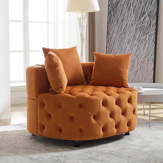 Eafurn 40.6 Wide Oversized Velvet Barrel Accent Chair Modern Round Armchair with Deep Button Tufting &amp 3 Toss Pillows Modern Lounge Chair for Living Room Bedroom Reading Nook