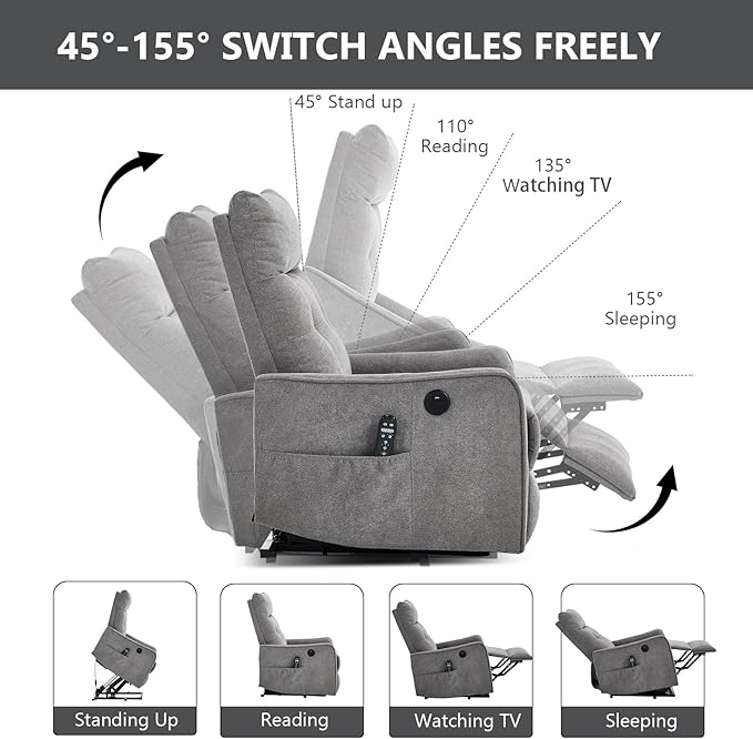 Small Power Lift Chair Recliner for Elderly Petite Power Recliner Chair with Massage and Heat | USB | High Back | Push Button | Side Pockets Liviing Room Easy Assembly (Chenille Light Grey)