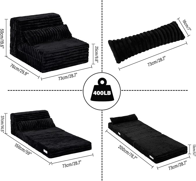 Tiita Folding Sofa Bed Single Size Convertible Sleeper Chair Mattress with Pillow Thick Corduroy Floor Mattress Couch Bed with Side Pocket Guest Room Dorm Apartment Black