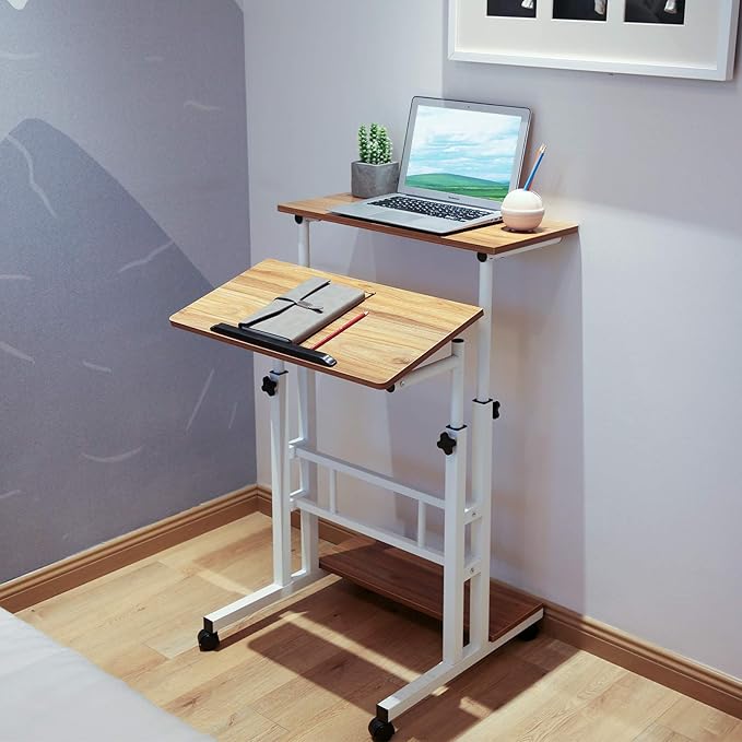 Mobile Standing Desk Adjustable Computer Desk Rolling Laptop Cart on Wheels for Home Office Tall Table for Standing or Sitting Portable Laptop Stand for Small Spaces Oak