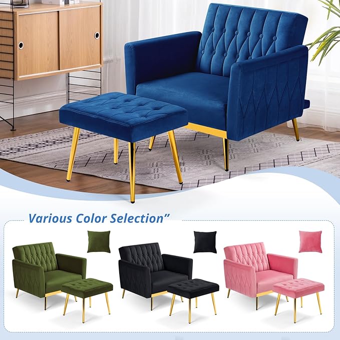 Velvet Accent Chair with Adjustable Armrests and Backrest Button Tufted Lounge Chair Single Recliner Armchair with Ottoman and Pillow for Living Room Bedroom Blue