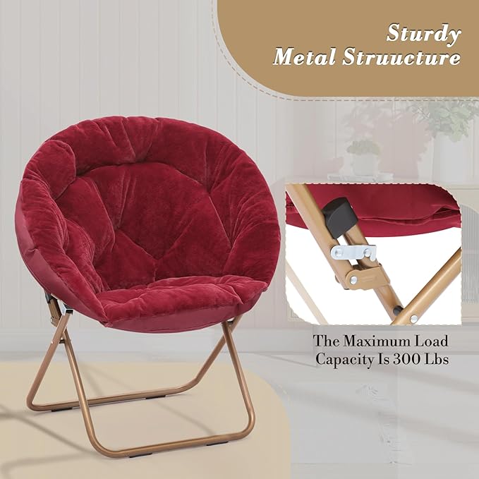 Athena Collection Round Saucer Chair with Ottoman Set of 2 for Adults Oversize Comfy Cozy Faux Fur Folding Reading Chair with Metal Leg Lazy Relaxing for Living Room Bedroom Dorm Apartment Red