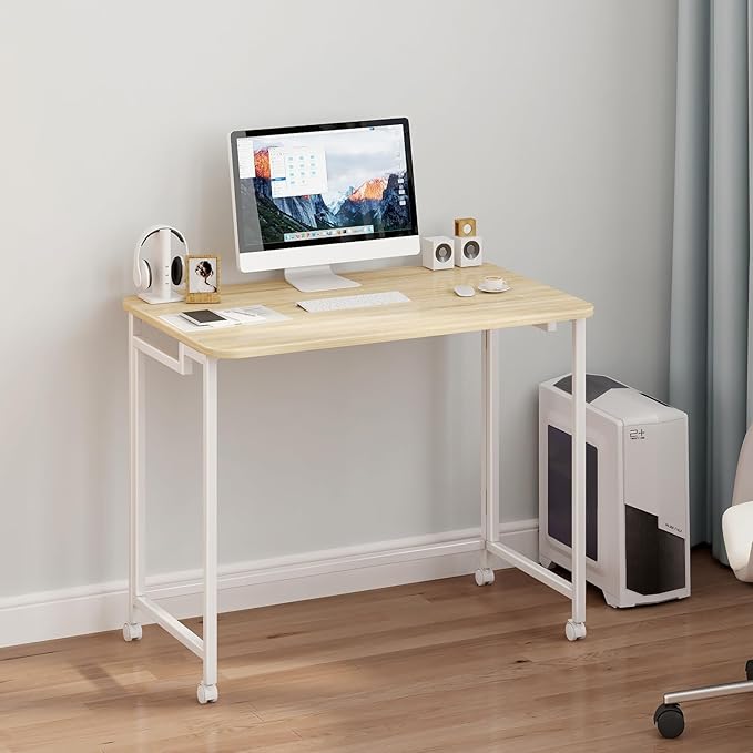 JSB Small Folding Computer Desk with Storage Bag and Hook Writing Modern Industrial Work Table Laptop for Home Office White (Natural &amp White 27.6)
