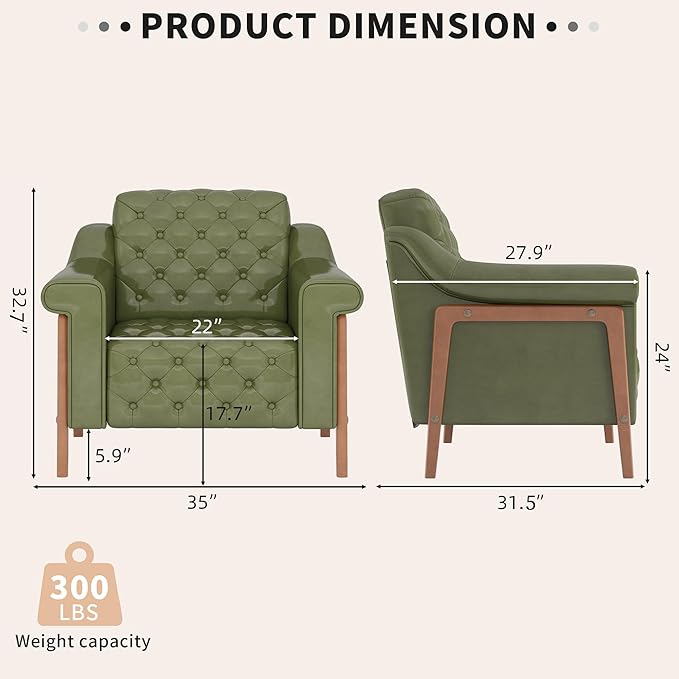 EJUNQ Cozy Accent ChairPU Leather Modern Living Room ChairsMid-Century Office Reading ChairSingle SofaArmchair for Bedroom Apartment Waiting Room(Green)