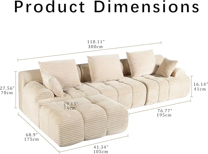 Corduroy L-Shaped Compressed Boneless Sectional Sofa with Ottoman - Retro Soft Upholstered Modular Couch for Living Room &amp Small Apartment Cloud-Like Contouring Seating (Beige)