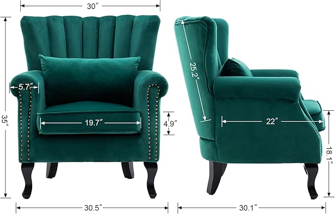 chairus Mid-Century Modern Accent Chairs Set of 2 Comfy Sofa Chairs Channel Back Armchairs with Small Pillow for Living Roon Bedroom Club - Velvet Green