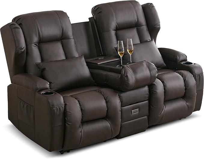 DRMBOOK RV Loveseat Recliner Sofa Double Wall Hugger Reclining Couches Manual Reclinable Movie Seating 2 Person Recliner for Travel Trailer (Leather Brown 2 Seater with Reversible Console)