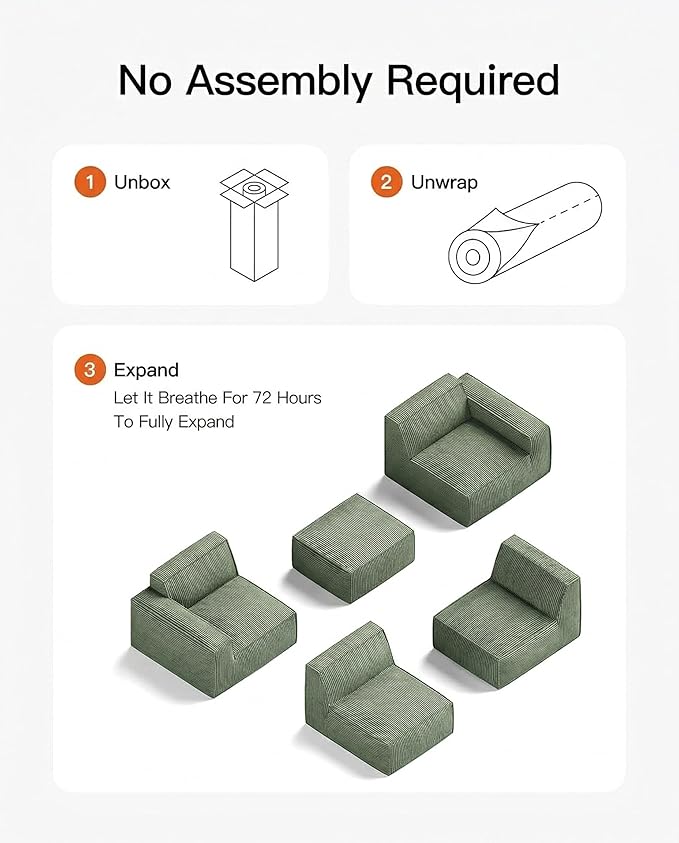 Pipishell Modular Sofa Cloud Couch with Deep Seat Corduroy Upholstered 2-Seater Couches for Living Room BedroomHigh Back No Assembly Required (Green)