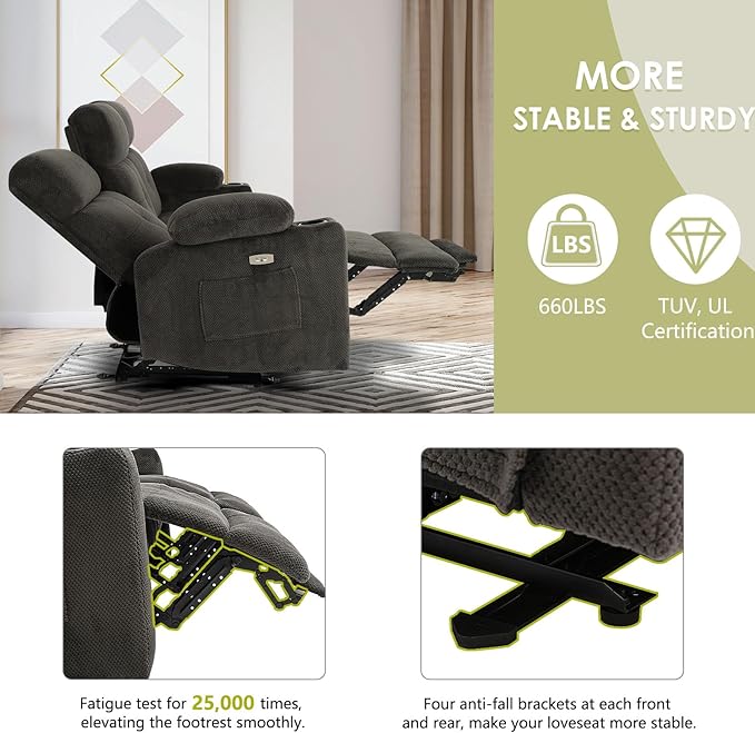 Power Reclining Sofa with Heat and Massage Electric Reclining Couch with Extended Footrest Wall Hugger Recliner Sofa 3 Seater with USB&ampType-c Ports for Living Room Bedroom(Grey)