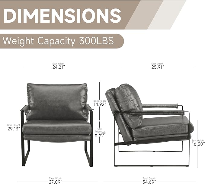 Volans Mid Century Modern Accent Chair with Arms for Living Room Faux Leather Accent Chairs for Lounge Metal Frame Armchair Reading Chair Single Sofa for Bedroom Office Gray