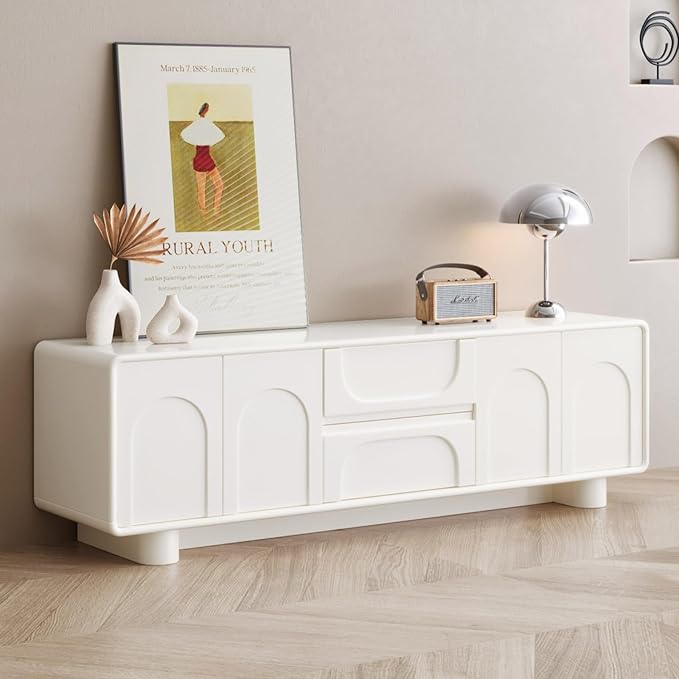 62.99 TV Stand for 55/60/65 TV Modern Entertainment Center with Storage Cabinets and Drawers Mid Century Media Console Table Cream White Television Stand for Living Room