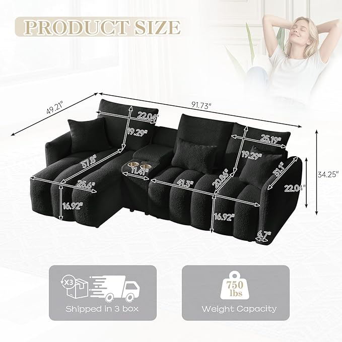 L Shaped Couch with Console 3 Seater Oversized Modern Sectional Modular Teddy Cloud Fluffy Comfy Sofa Couch with Storage &amp USB Charging Ports &amp Cup Holders for Living Room Office Apartment B