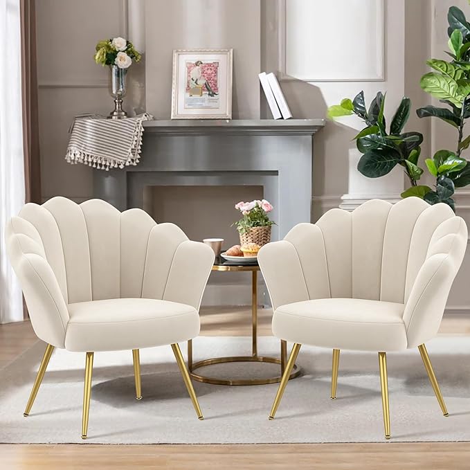 Alunaune Mid Century Velvet Living Room Chair Set of 2 Upholstered Vanity Accent for Makeup Room Modern Barrel Arm Guest Leisure Comfy for Bedroom-Ivory