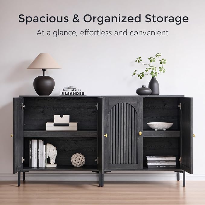 Modern TV Stands for 75 Inch TVs 61.75‬W Wood Entertainment Center w/Adjustable Shelves Mid Century Modern TV Stand w/Arched Fluted Doors Media Console Cabinet for Living Room Dark Grey