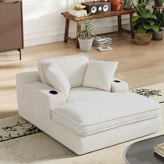 67 Chaise Lounge Chair Indoor Cozy Oversized Fluffy Sofa with Cup Holders &amp Throw Pillows Boneless Sleeper Cloud Couch for Living Room Movie Room and Apartments Beige