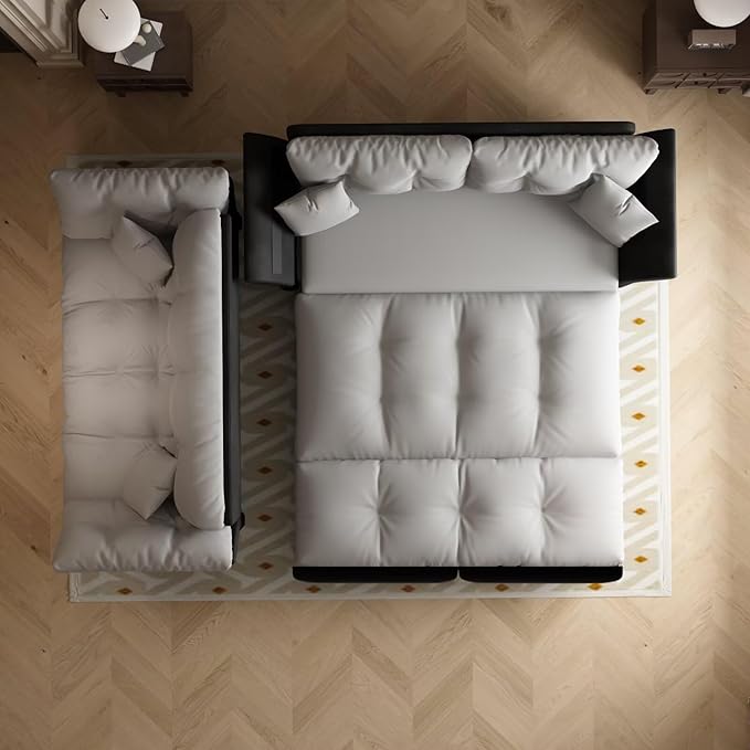 74.8-Inch Queen Size Pull-Out Sofa Bed 3-in-1 Convertible Velvet Loveseat Couch with Tufted Back &amp 2 Pillows Grey