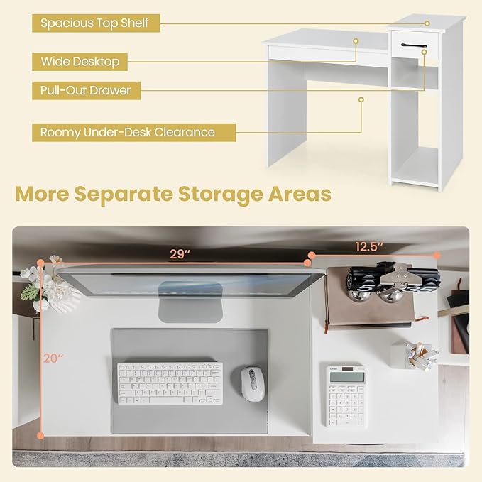 Giantex White Computer Desk 40 Study Writing Desk with Drawers and Printer Shelves Modern PC Laptop Workstation for Small Space Home Office