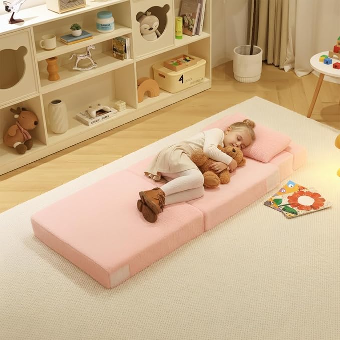 Tiita Convertible Folding Kids Sofa Bed with Pillow &amp Storage Bag Plush Fabric Floor Mattress Couch Bed Washable Cover Kids Room Playroom Dorm Apartment Pink