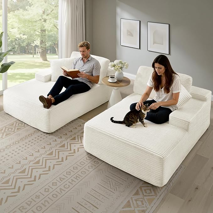 89.3” Oversized Double Chaise Lounge Indoor Beige Corduroy Chaise Lounge Chair Upholstered Sleeper Sofa Bed Deep Seat Sleeper Loveseat Reading Chairs Boneless Cloud Couch for Living Room Bedroom
