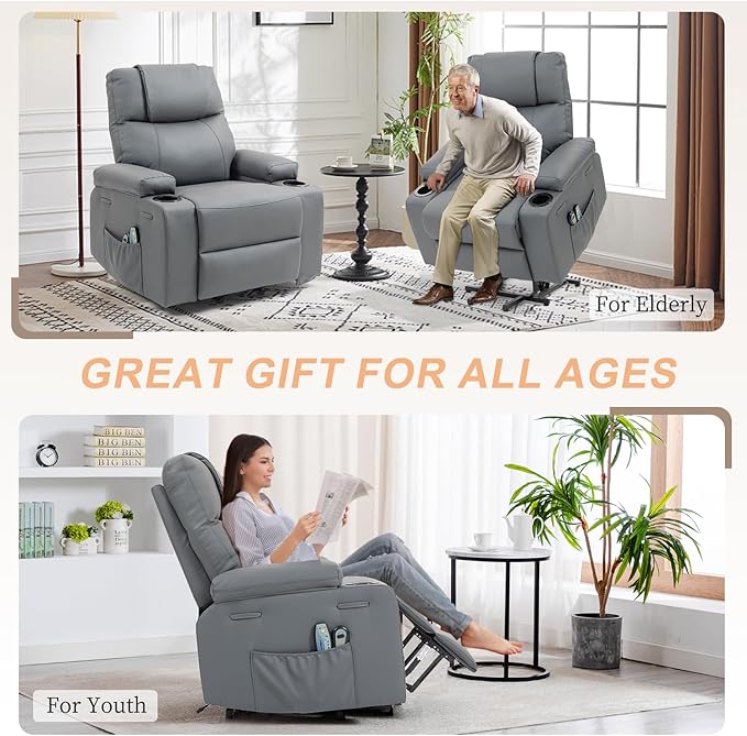 Power Lift Recliner Sofa Chair Electric Stand Assit for Elderly People Leather Reclining Chair with Cup Holders Massage &amp Heat Functions Living Room or Bedroom Furniture for Resting Gray