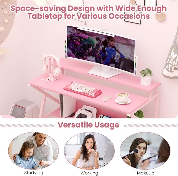 Giantex Small Desk with Storage Compact Computer Desk for Small Spaces with Monitor Stand Metal Frame &amp Earphone Hook Laptop PC Table Modern Writing Desk for Home Office Bedroom (Pink)