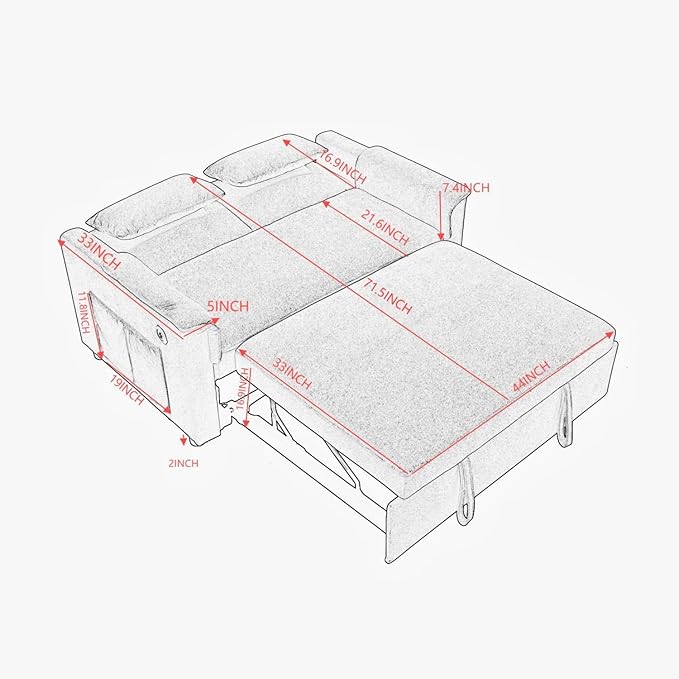 55 Convertible Futon Sofa Bed Velvet 3 in 1 Sleeper Sofa Pull Out Couch with USB Ports &amp 2 Waist Pillows Adjustable Backrest Loveseat Sofa Couches for Living Room Apartment Bedroom Cream