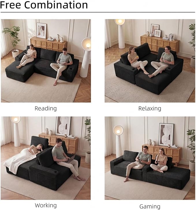104 L Shaped Modular Sectional Sofa Cloud Sectional Couch with Deep Seats Built-in Cup Holders &amp Side Pockets Upholstered Boneless Modern Modular Sofa Couch with Chaise for Living Room Bedroom