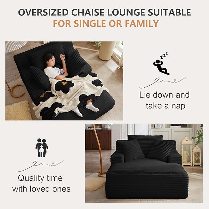 49.2 Oversized Chaise Lounge Chair IndoorCorduroy Boneless Reading Chair with 3 PillowsDeep Seat Cloud Sofa BedComfy Modern Sleeper Chairs in Box for Living Room BedroomNo Assembly(Black)