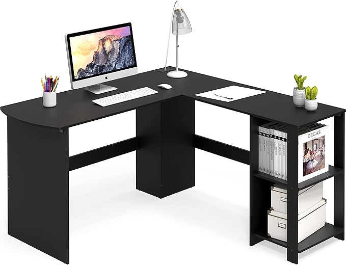 SHW 51 x 51 Inches L-Shaped Home Office Wood Corner Desk wtih Storage Black