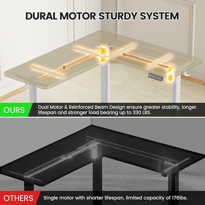 Flycity Electric L Shaped Standing Desk Adjustable Height 63 x 55 Corner Stand Up Table Home Office Desk Dual Motor Sit Stand Desk Computer Desk with 3 Memory Preset &amp Lock Maple