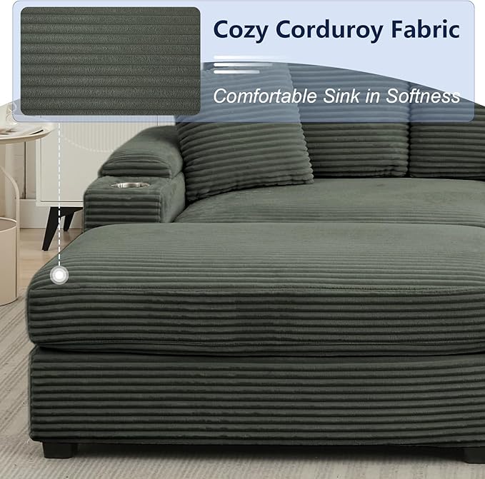 86.6 Sectional Sofa Couch with 2 Ottomans Comfy Corduroy Upholstered Cloud Modular Convertible Couch with Cup Holders and USB Armrest Storage Deep Seat Oversized Loveseat for Living Room Green