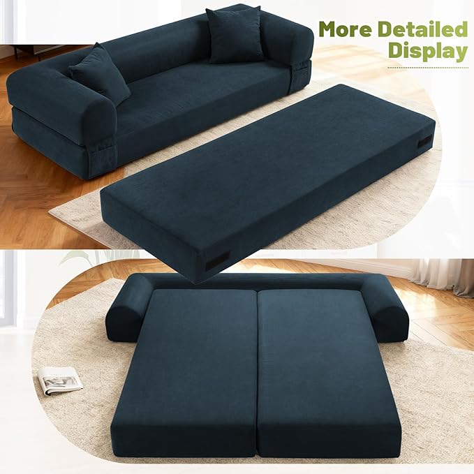 Convertible Futon Sofa Bed80 Folding Pull Out Couch with Pillows &amp Storage Pocket Oversized Queen Sleeper Sofa in a BoxCorduroy Boneless Couch for Living RoomNavy Blue