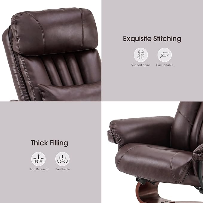 MCombo Swivel Recliner with Ottoman Faux Leather TV Chair with Vibration Massage Ideal for RV Small Space Living Room &amp Bedroom 4999 (Faux Leather Dark Brown)