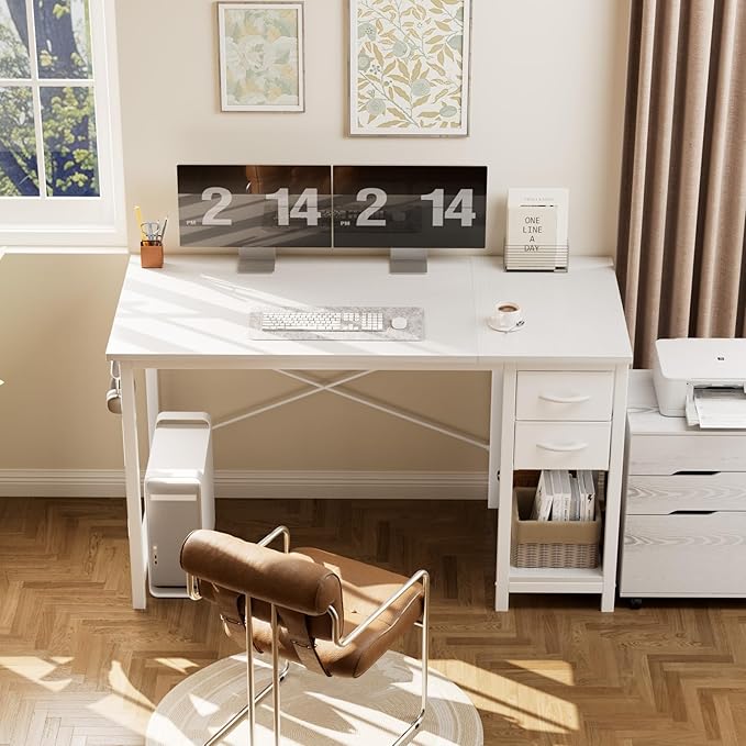 Sweetcrispy 47 Inch Computer Desk with Drawers Home Office Gaming Desk with X-Shaped Reinforcement Modern Wood Study Work Table with Side Hook White