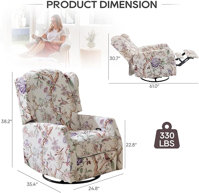 Swivel Rocker ReclinerWingback Recliner ChairFloral Accent Chair Fabric Chair with High BackPadded Seat for Living RoomBedroom Home Office (Bird)