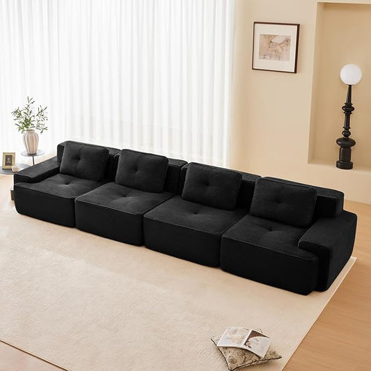 150 Modern Black Corduroy Boneless Sofa Set 4 Seater Modular Sectional Couches for Living Room Compressed Memory Foam Cloud Couch Deep Seat No Assembly Sofas para Sala