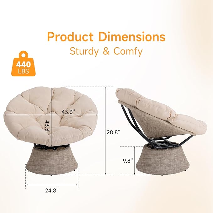 ONBRILL 43″ Ergonomic Papasan Chair with Soft Thick Cushion and Sturdy Steel Frame 360 Degree Swivel Chair for Living Room Bedroom Reading Room Patio Outdoor Beige