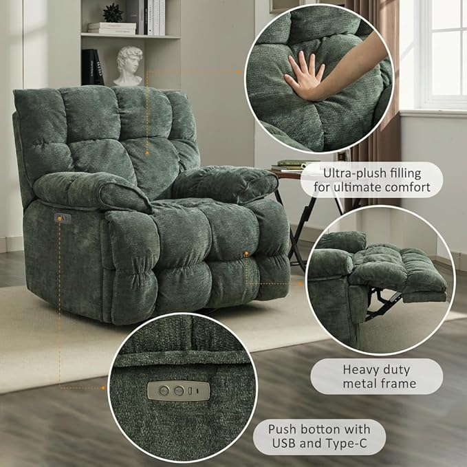 Oversized Recliner Chair Overstuffed Swivel Rocker with Extra Wide Seat &amp Breathable Fabric for Living Room (Power Green)