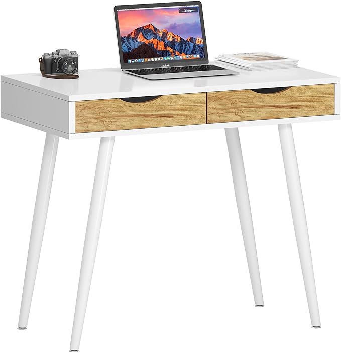 soges Mid Century Computer Desk with Drawers 31.5 Inches Home Office Computer Desk for Small Space 2-Drawer Multifunctional Study Writing Desk White