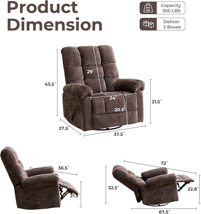 Oversized Swivel Rocker Recliner with Heat and Massage Overstuffed Swivel Rocking Chair for Living RoomManual Rocker ReclinerComfy Soft Fabric Recliner Sofa ChairCoffee