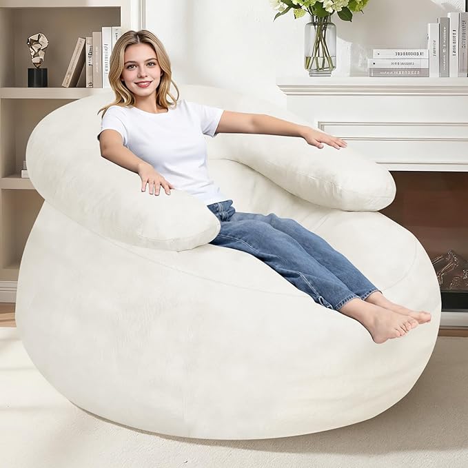 HABUTWAY Giant Bean Bag Chair Oversized Beanbag Chair with Filler Ultra Soft Faux Fur Bean Bag Lounge Floor Sofa w/U-Shaped Pillow for Gaming Reading Beige &amp Beige