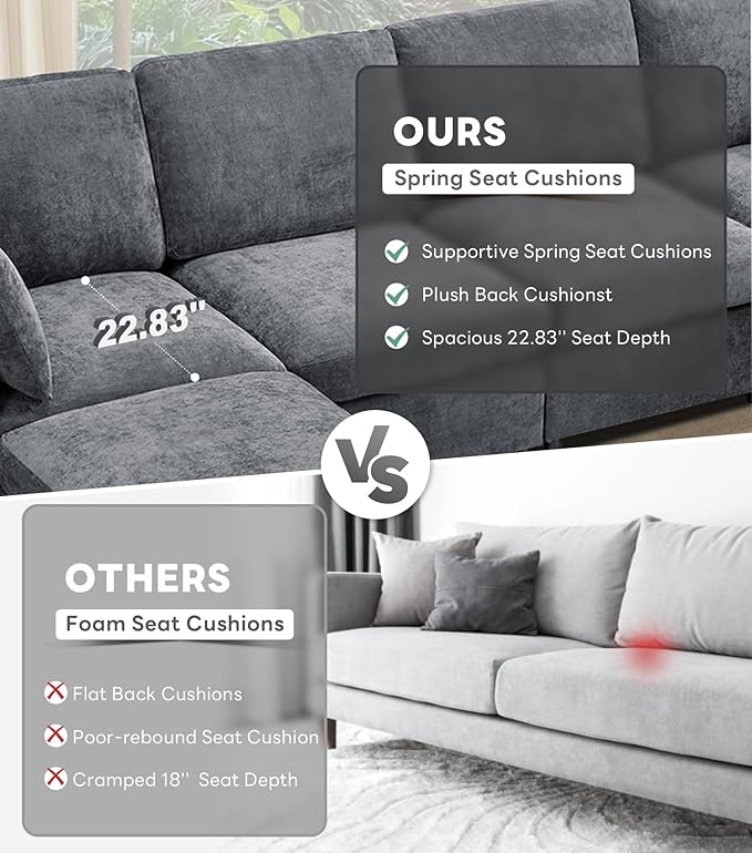 Tbfit Convertible L Shaped Couch Sectional Sofa for Living RoomChenille Cloud Couch with Ottoman 4 Seat (Grey)