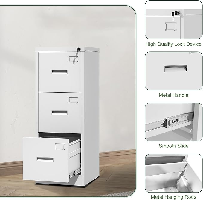3 Drawer Metal Vertical File Cabinet with Lock and Card SlotOffice Home Vertical Filing Cabinets for A4 Legal/Letter Size Narrow File Cabinet LockedAssembly RequiredWhite