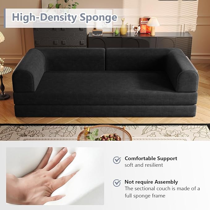 Folding Boneless Couch Convertible Sleeper Sofa Bed Futon Lounge Chair Boneless Corduroy Loveseat with Pull Out Bed Floor Sofa Modular Couch for Living Room Basement Movie Theater RoomBlack