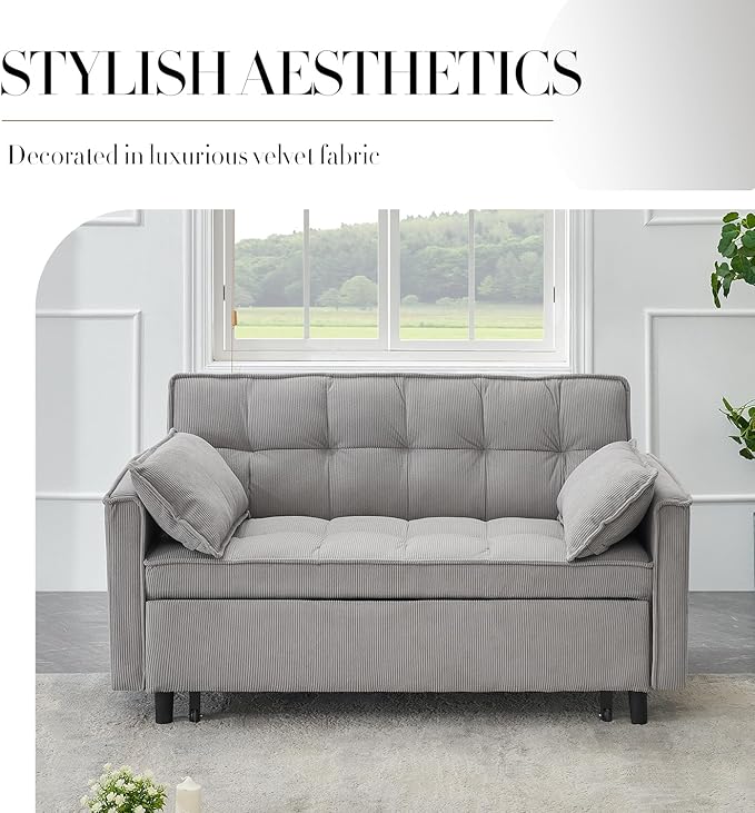 3 in 1 Corduroy Convertible Sofa Bed Pull Out Couch Bed with Reclining Backrest and 2 Pillows 54 Full Size Loveseat Sleeper Sofa Futon Couch Beds Couches for Small Spaces Living Room (Gray)