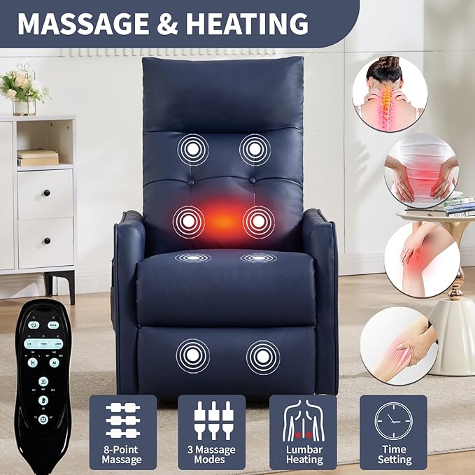 Small Power Lift Chair Recliner for Elderly Petite Power Recliner Chair with Massage and Heat | USB | High Back | Push Button | Side Pockets Liviing Room Easy Assembly (PU Leather Dark Blue)