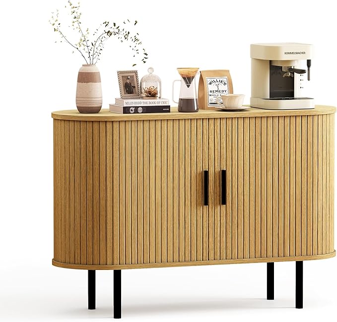 BREEZEHEAT 47 Mid Century Modern TV Stand-Fluted Sideboard Buffet Cabinet –Tambour Credenza Console Table w/Sliding Doors &amp Adjustable Shelves–Small TV Stand for Living Room/Bedroom