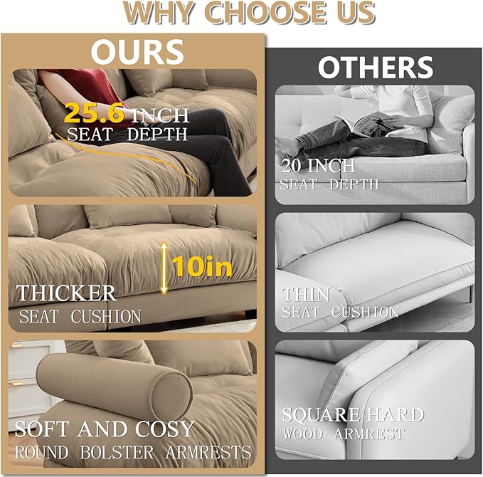 130 Large Sectional Couches for Living Room Cloud Modern Modular Deep Seat Sofa Set Comfy Couches Velvet Fluffy 3 Seater Sofa Set for Bedroom Apartment Taupe