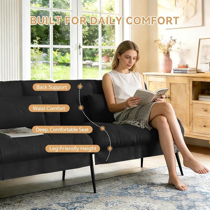 COMHOMA 72″Futon Sofa BedModern Convertible Sleeper Sofa Fabric Futon Couch with Multi-Position Backrest for Living Room Furniture (Black)