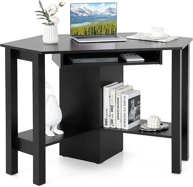 Tangkula Corner Desk with Keyboard Tray Triangle Corner Computer Desk for Small Space Bedroom Corner Makeup Vanity Desk with Storage Shelves Space Saving Corner Writing Desk